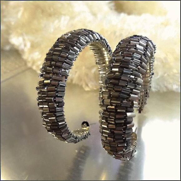 1980s Silver Hematite Gem Big Hoop Vintage Pierced Earrings - Picture 2 of 4